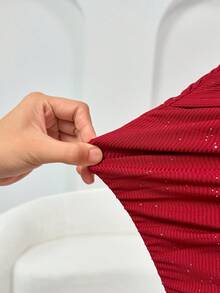 Aliling Women's Autumn Party Sexy Solid Color Glitter Detail Metal Buckle Halter Neck Ruched Backless Tight Mini Dress, Waist Ribbon Design, Suitable For Party, Wedding Guest, Gathering, Club, Birthday, Homecoming Dance - Red - View 9