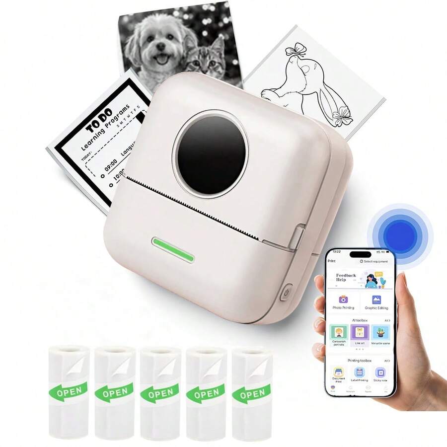 Wireless Mini Printer, Portable Inkless Sticker Printer With 5 Rolls Thermal Printing Paper, For Notes, Journals, Photos, Course Labels, To-Do Lists, Home, Office, DIY And Study