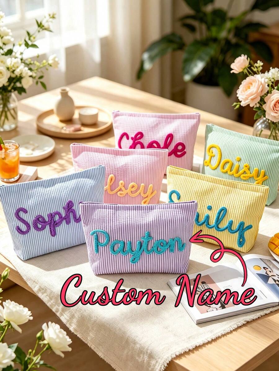 Customized Mesh Cosmetic Bag, Personalized Velvet Name Toiletry Bag, Vacation Travel Makeup Organizer Pouch, Beach Essentials - Multicolor - View 1