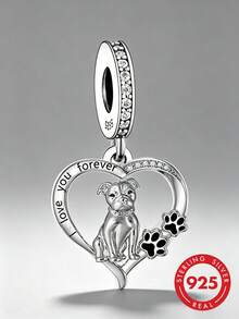 1件精美925纯银双色约克夏梗犬与玫瑰花吊坠，可DIY串珠，适合制作手链，派对礼物 - 銀色 - 查看 1
