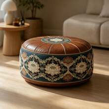 Chinese Lotus Embroidery Round Soft Ottoman, Vintage Faux Leather Padded Floor Stool, Traditional Floral Embroidery Decoration, Multi-Purpose As Extra Seating, Footstool, Coffee Table, Suitable For Living Room, Tea Room And Meditation Space - Multicolor - View 1
