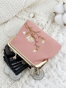 Fashionable Flower Embroidery Appearance, Multi-Functional And Compact Design With A Clip Opening And Closing, Portable Coin Purse And Card Bag - Pink - View 9
