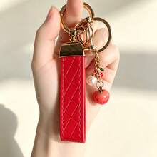 1pc Unisex Red Plaid Keychain + Fruit Pendant, Zinc Alloy Minimalist Style PU Leather Rope Key Ring, Suitable For Various Keys And Car Keys, Small Gift For Family And Friends - A - View 3