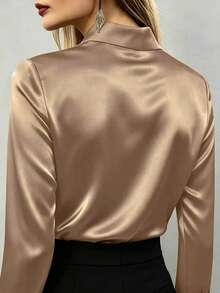 Women's Elegant White Polyester Blouse, Long Regular Sleeves, Shirt Collar, Button Detail, Suitable For Office Wear, Non-Stretch Fabric - Khaki - View 5