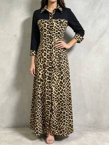 Women's Elegant Solid Color + Leopard Print Patchwork Design Dress - Black - View 4