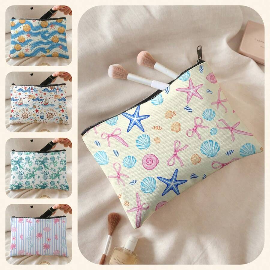 1pc Students Starfish Shells Print Large‑Capacity Zipper Closure Portable Makeup Pouch,Lightweight Toiletry Organizer For Travel Daily Storage Or Gift - Multicolor - View 1