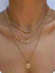 1pc Bohemian Style Portrait Round Pendant Rhinestone Multi-Layer Necklace - Yellow Gold - View 1