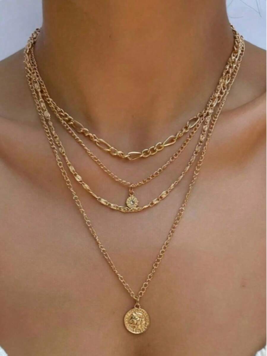1pc Bohemian Style Portrait Round Pendant Rhinestone Multi-Layer Necklace - Yellow Gold - View 1