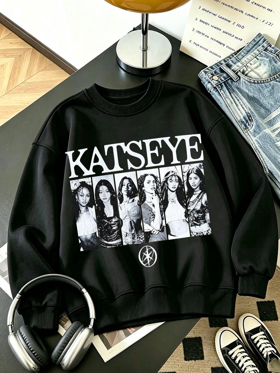 KATSEYE Girls' Group Portrait Pattern Print, Soft And Breathable, Women's Plus Size Round Neck Sweatshirt, Suitable For Autumn And Winter Wear - Black - View 1