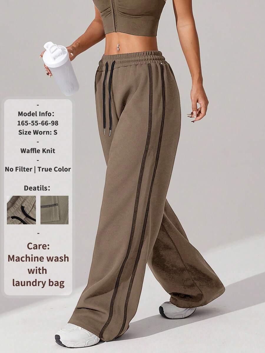 1pc Women's Waffle Knit Loose Straight Leg Drawstring Waist Contrast Color Simple Fitness Sports Pants, Spring/Summer