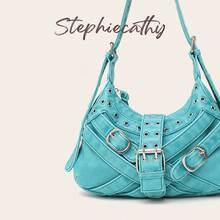 STEPHIECATHY Women's Shoulder Bag Retro Brush Off Color Washed PU Vegan Leather Buckle Belts Metal Eyelets Decoration Punk Y2K Style Adjustable Strap Hobo Handbag - Multicolor - View 12