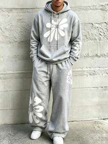 HEYKESON Men's Floral Print Hoodie & Wide Leg Sweatpants 2 Pieces Loose Fit Sports Set - Light Grey - View 3