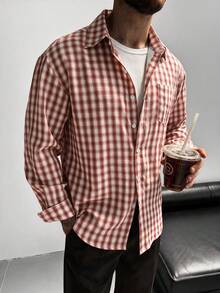 GloMan Men's Red Plaid Button-Up Long Sleeve Shirt With Chest Pocket, Warm For Autumn, Suitable For Office Commute, Family Gathering, Business, Party, Gift For Husband/Father - Red - View 3