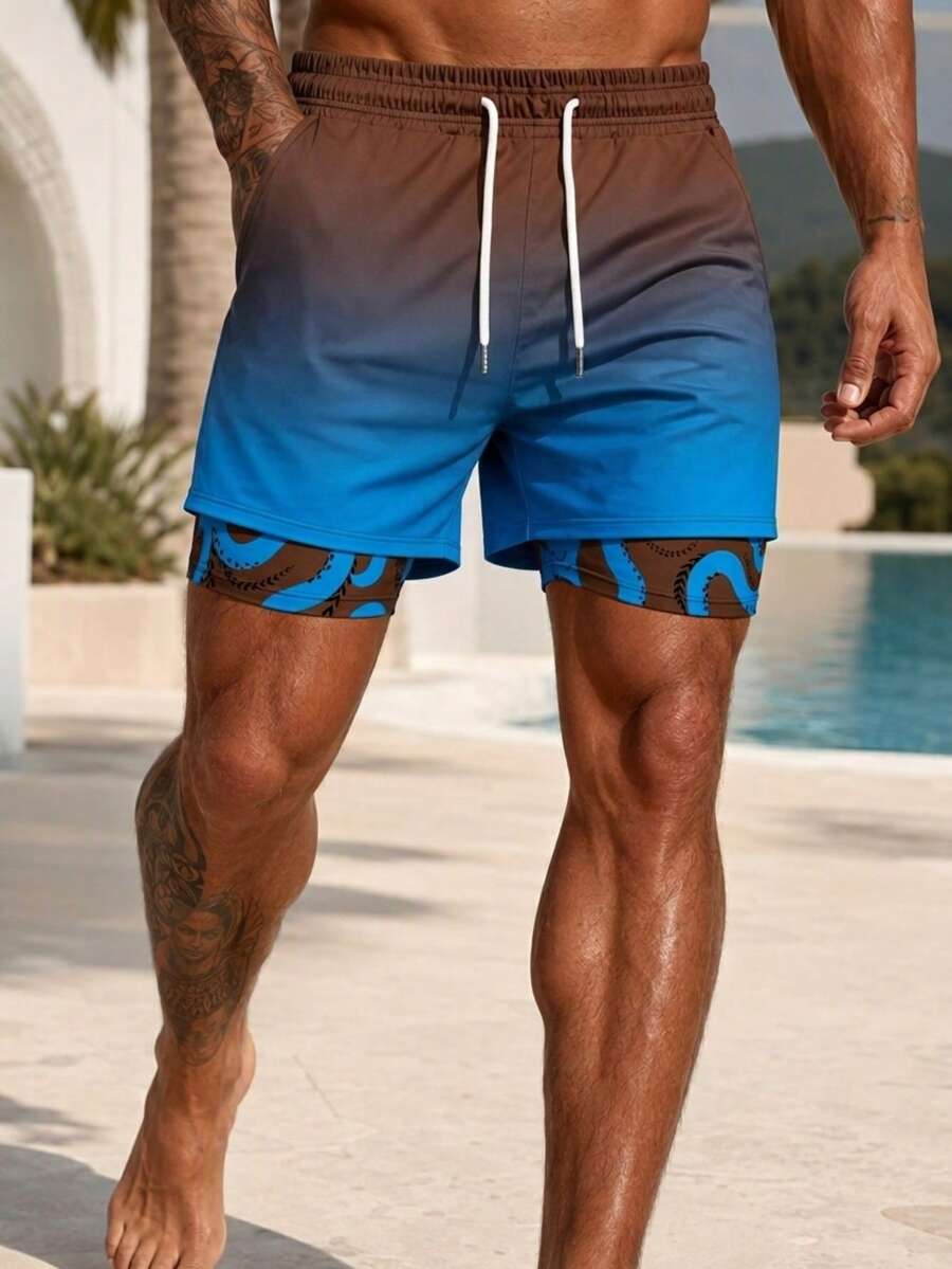 Men's Octopus Print Double-Layer Beach Shorts, Casual Summer Holiday Style - Blue - View 1