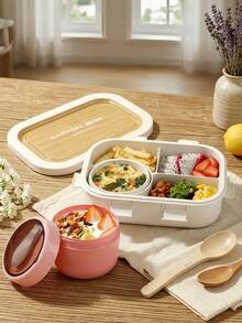 1pc Lunch Box With Soup Bowl (Food Container), Foldable Spoon, Microwave , Dishwasher , Suitable For School, Travel, Picnic, Work (Beige) - Multicolor - View 4