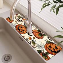 1pc Halloween Faucet Cover, Create Holiday Atmosphere, Bathroom Faucet Splash Guard, Pumpkin Pattern Faucet Mat, Kitchen Countertop Accessory, Kitchen Dining Table Accessory, Halloween Sink Moisture-Proof Absorbent Mat, Absorbent Drainage Mat, Multi-Functional Absorbent Non-Slip Mat - Multicolor - View 3
