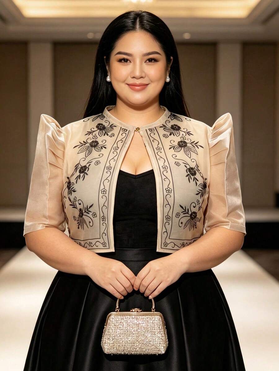 大尺碼女款現代菲律賓風圖案復古印花泡泡袖上衣，蝴蝶袖菲律賓風現代優雅上衣 - 香檳色 - 查看 1