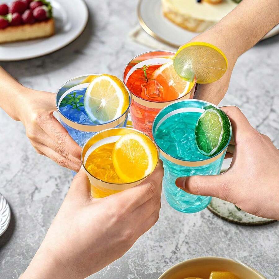 100pcs Gold Cups, 6.76oz Clear Cups With Gold Rim, Gold Beer Cups, Hard Cups For Party, Premium Gold Rim Cups, Perfect For Weddings And Parties - Gold - View 1