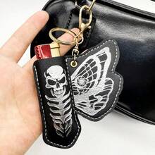 1PC New Dark Skeleton Lighter Leather Case Keychain, Vintage Butterfly Print PU Leather Protective Cover, Portable Bag Pendant Accessory, Smoking Accessory - 1PC - View 7