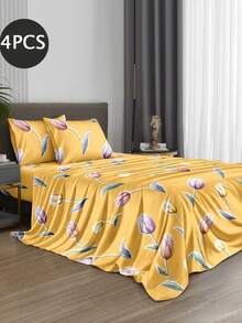 4-Piece Yellow Tulip Pattern Bedding Set, Easy-Care Soft Bedding Set, Fitted Sheet Set (1 Flat Sheet + 1 Fitted Sheet + 2 Pillowcases), Suitable For King, Queen, Full, Twin Sizes, Deep Pocket Fitted Sheet Design, Pillowcases Up To 11.8 Inches, Soft And Breathable, Wrinkle-Resistant - Yellow - View 2
