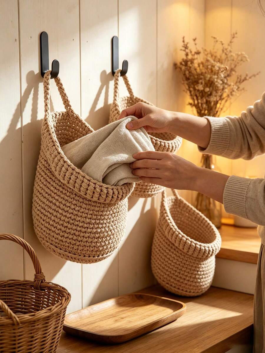 Wall Hanging Baskets, Woven Rope Storage Baskets, Bohemian Style Wall Hanging Storage Baskets, Suitable For Kitchen, Bedroom, Bathroom And Home Decor - Multicolor - View 1