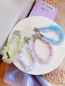 Sweet Ruffled Organza Rhinestone Beaded Phone Wrist Lanyard, Elegant Sheer Mesh Lace Anti‑Lost Hand Strap With Metal Clasp, Cute Girls Decorative Phone Chain, Universal Portable Accessory For Phone & Earbud Case, Multiple Pastel Colors Available, Phone Case Not Included - Multicolor - View 1