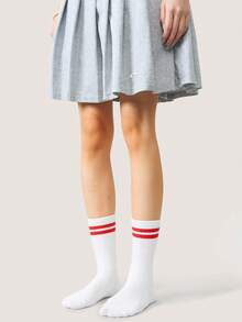 2 Pairs Of Red And White Women's Double-Leg Stockings, With An Athletic Academy Style - Multicolor - View 5