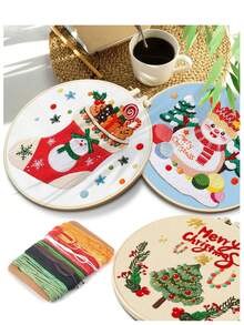 Adult Christmas Embroidery Set, 1 Set Of DIY Embroidery Starter Kit, Including Printed Patterns, Embroidery Hoops, Tools, Colored Threads And Needles, With Usage Instructions (Santa Claus/Snowman/Wreath/Christmas Socks/Christmas Tree/Bell Style) - A - View 2