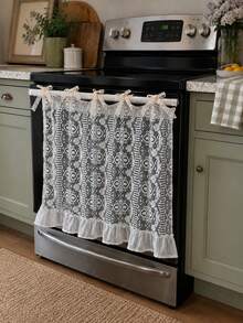Beige Hollow Crochet Lace Oven Door Curtain With Bow‑Tie Straps & Ruffled Hem,Dishwashers Cover,Polyester Kitchen Stove Cover,Semi‑Sheer Stove Front Decor Cover,Rustic Farmhouse Cottage‑Style Kitchen Wall Decoration,Home Entryway Shoe Racks Ornament. - Beige - View 4