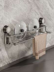 Bathroom Suction Cup Towel Rack, No-Drill Adhesive Installation, Double Bar Towel Rack, No-Drill Wall-Mounted Bathroom Towel Rack, No-Drill Wall-Mounted Towel Hooks, Suitable For Bathroom And Kitchen, Double Bar Towel Rack With Hooks, Modern Design Style - Multicolor - View 10