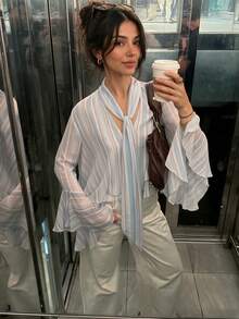 Women's Pastel Striped Tie Neck Bow Front Ruffled Flare Sleeve Woven Blouse, Cropped Casual Top For Office School Party Date Vacation Spring Fall - Multicolor - View 6