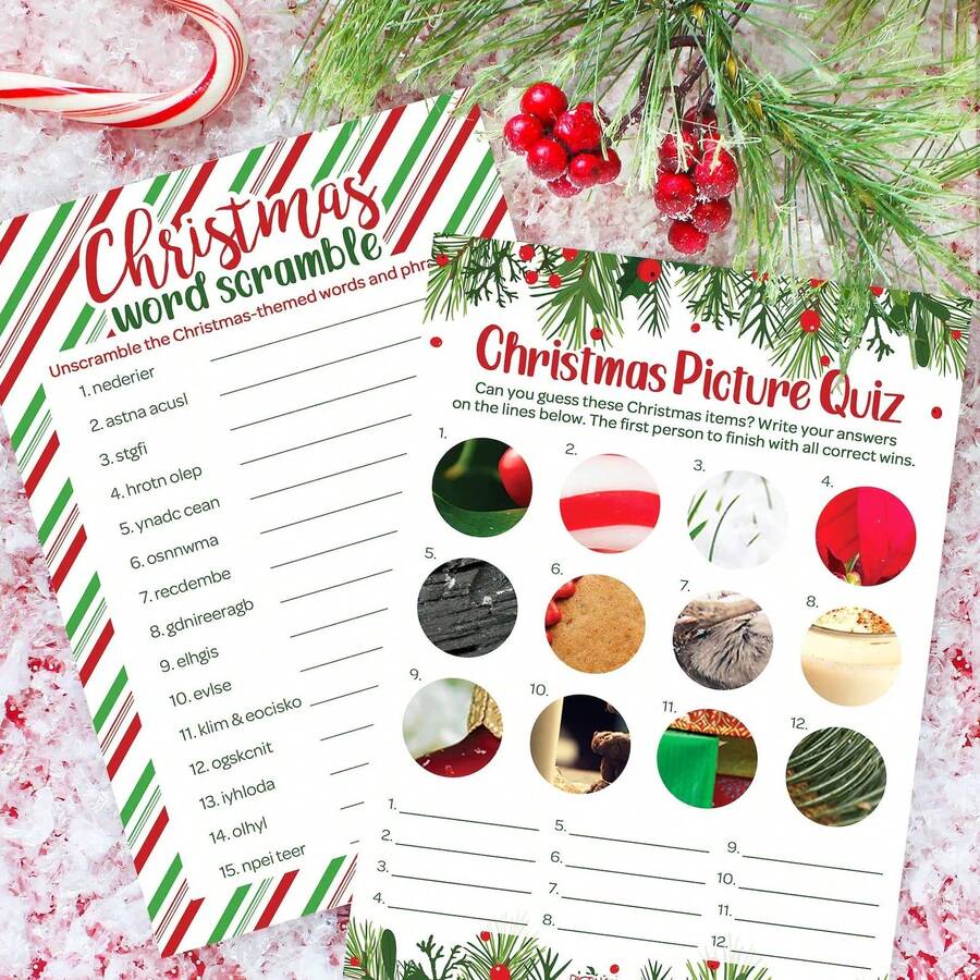 Christmas Party Game Set - Word Spelling & Picture Quiz - Family Gathering, Office, School, All-Age Christmas Interactive Fun - 25 Double-Sided Holiday Game Cards