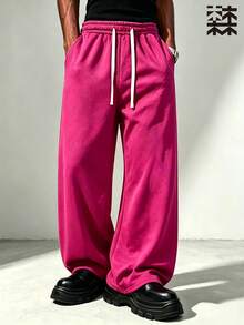 mulinsen Men's White Wide Leg Drawstring Waist Sweatpants; Street Style, Loose Straight Leg, Fluid Drape - Hot Pink - View 3