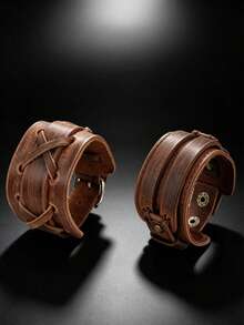 2pcs Vintage Texture Wide Bracelet, Suitable For Men's Daily Sports, Casual And Fashion Wear, Exquisite Texture Gift For Men - Brown - View 1
