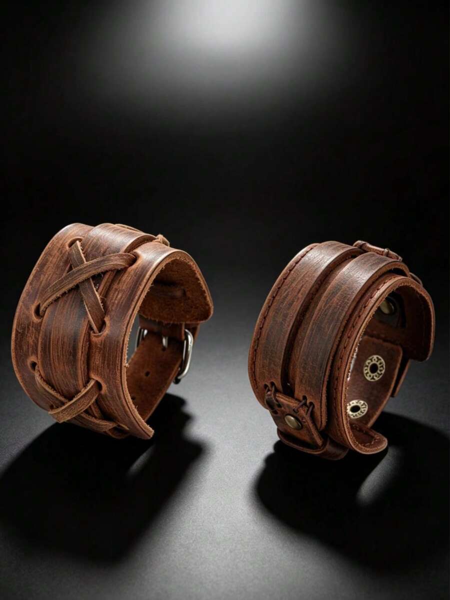 2pcs Vintage Texture Wide Bracelet, Suitable For Men's Daily Sports, Casual And Fashion Wear, Exquisite Texture Gift For Men - Brown - View 1