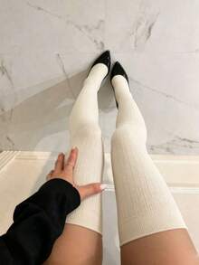 3 pares de calcetines altos de muslo acanalados de color sólido, suaves y elásticos, calcetines largos de invierno por encima de la rodilla para mujeres - Multicolor - Ver 2