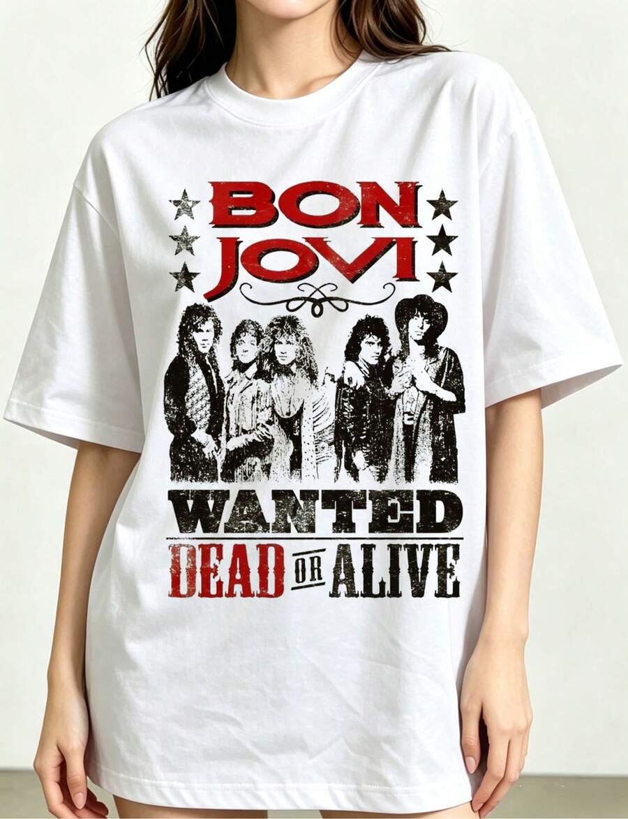 A White Casual T-Shirt Featuring A Retro-Style Graphic Inspired By Bon Jovi's Classic Single "Wanted Dead Or Alive." - White - View 1