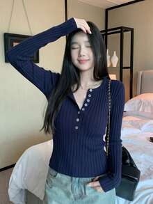 Autumn New Korean Style Slim Fit Button Knit Sweater, Versatile Long Sleeve Base Layer Top Vacation Fall - Navy Blue - View 5