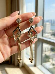 1 par de pendientes largos con borlas geométricas, elegantes y únicos, adecuados para el uso diario de las mujeres - Negro - Ver 4