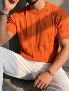 Men's Spring/Summer Ribbed Crew Neck Lightweight Loose Fit Knit Short Sleeve T-Shirt - Orange - View 2