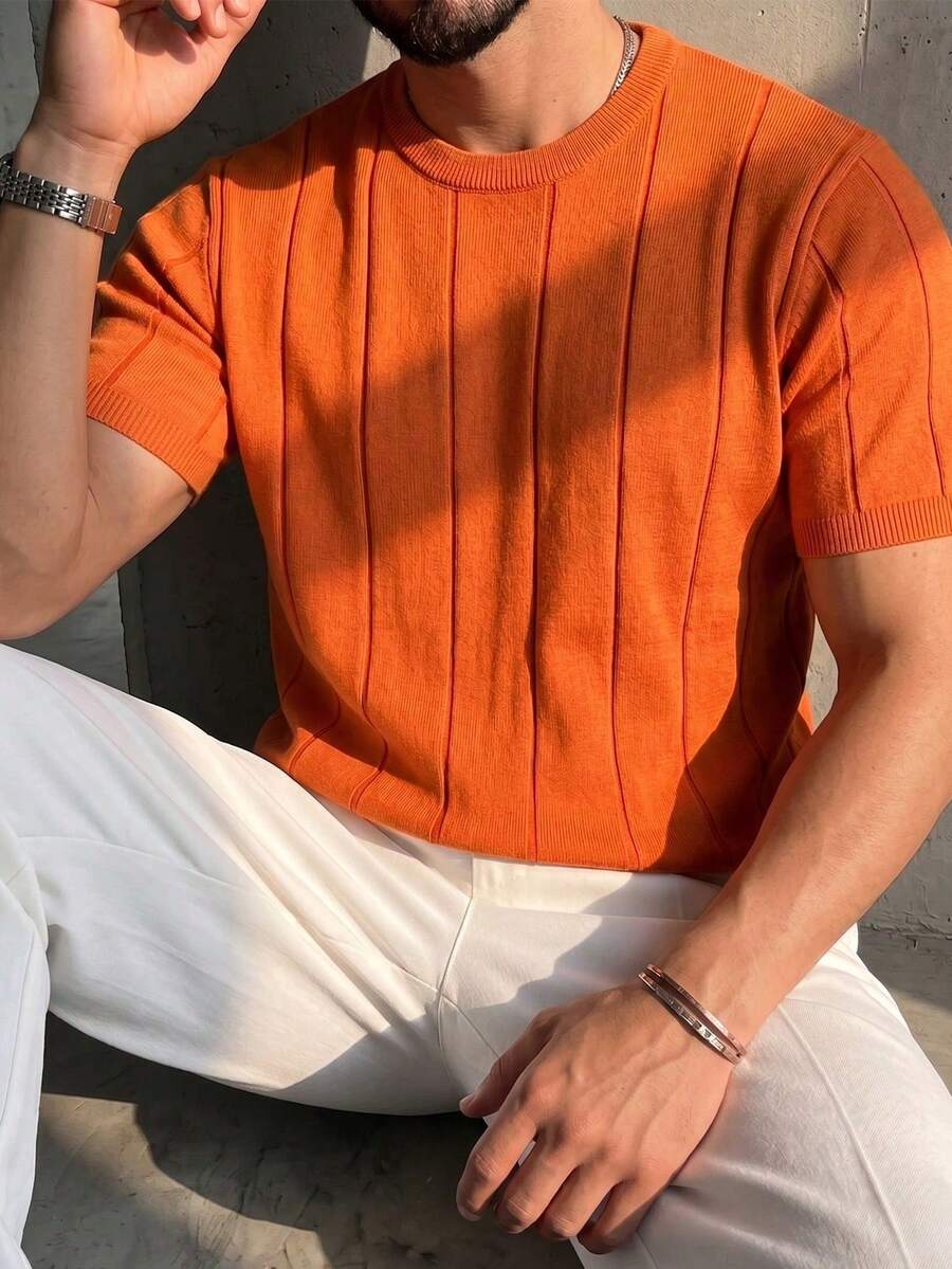 Men's Spring/Summer Ribbed Crew Neck Lightweight Loose Fit Knit Short Sleeve T-Shirt