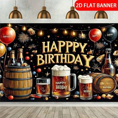 Sfondo per festa di compleanno a tema whiskey 2D piatto - Striscione "Buon Compleanno" nero & oro per uomo, adatto per celebrazioni a tema maturo, sfondo fotografico in poliestere