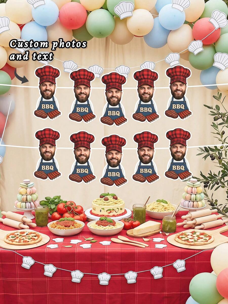 8/12/16pcs Custom BBQ Chef Photo And Text Banner,Personalized Funny Grill Master Apron Flag For Backyard Barbecue Party Men Birthday Dad Theme Party Decor Supplies - Multicolor - View 1