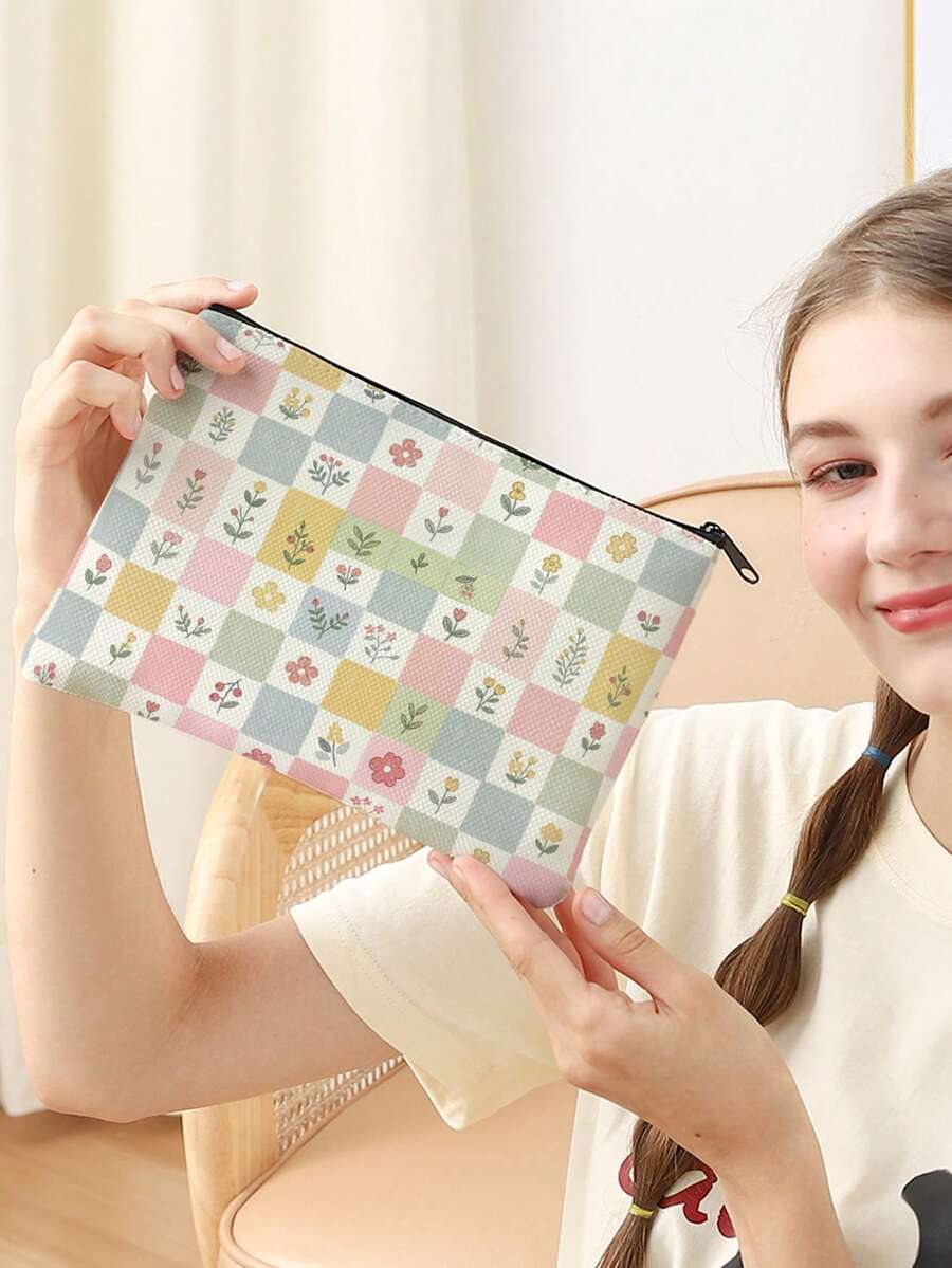 1pc Kids Pastel Multicolor Checkered Floral Print Zipper Closure Portable Makeup Pouch,Lightweight Toiletry Organizer For Travel Daily Storage Or Gift - Multicolor - View 1