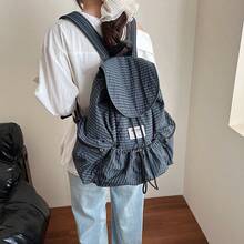 LECEY 1pc Women Plaid Print Flap Drawstring Backpack, Lightweight Multi‑Zipper Pocket Casual Rucksack, Daily Commute Travel School Bag For Teen Girls - Black - View 2