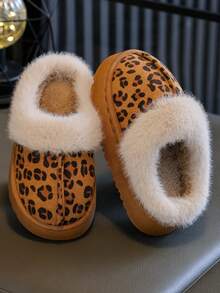 Children's Indoor Fuzzy Slippers For Autumn/Winter, Leopard Print Upper, Simple And Elegant Design - Maroon - View 3