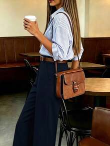 Women's Draped Wide Leg High Waist Straight Leg Suit Pants, Versatile Slimming For Autumn/Winter - Navy Blue - View 3