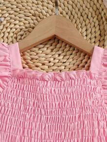 Girls' Summer Solid Color Dress, Sweet Vintage Style, Exquisite Hollow Out Detail Design, Perfect For Daily Wear Or Photo Shoots - Pink - View 3