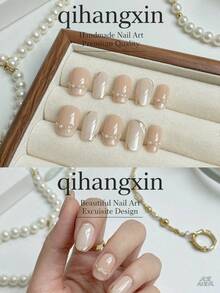 qihangxin 10片手工短款穿戴甲，透明奶咖貓眼穿戴甲，珍珠飾邊溫柔風，金箔水鑽鑲嵌，貓眼法式指尖，秋季美甲，彩色短方甲，附工具組，適合日常佩戴 - 彩色 - 查看 4