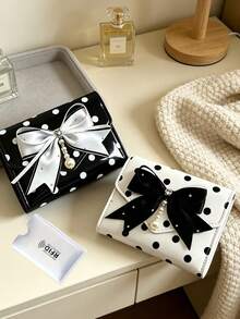 Pearl Bow Polka Dot Wallet, Fashionable Pu Small Wallet, Envelope Design Pu Leather Card Wallet, Id Card Storage Bag - Multicolor - View 5